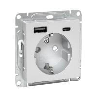 Механизм розетки с USB-A+С - 2шт, 16А, с заземлением, со шторками, алюминий Эпика EKF